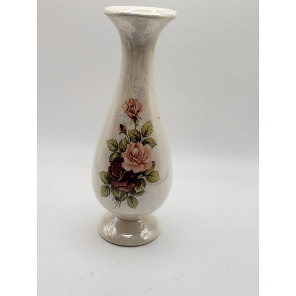 VTG Antique Iridescent Pink Rose Floral Single Stem Bud Vase Signed Fay's Cerami - Picture 7 of 10